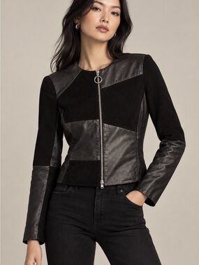 Hugo Boss lambskin patchwork suede and leather zip moto jacket- xs